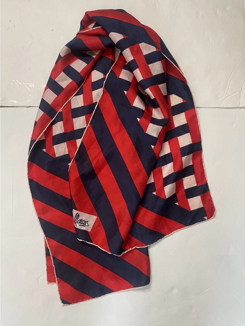Vintage MARCUS Red, Navy & Cream Striped women’s Silk Scarf